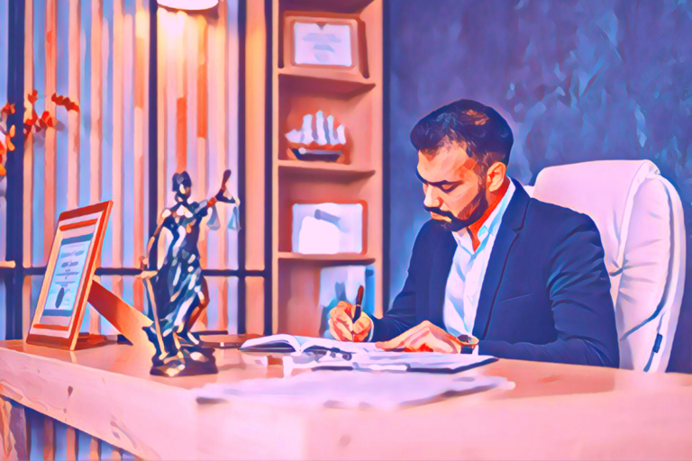 An expert witness sits at his desk writing a report
