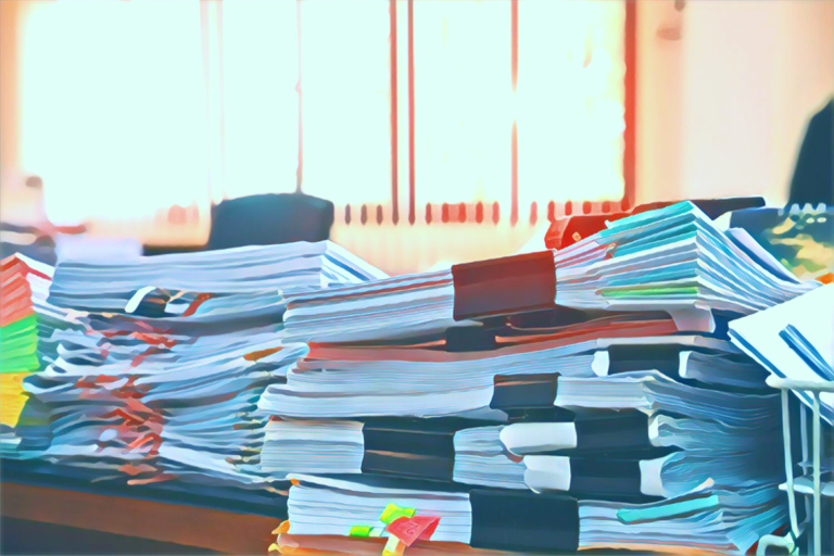 Close up of 2 stacks of reports on a desk in front of a window